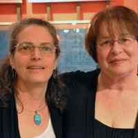 Color photo of Jodie Fink (left) & Jennifer Place at HHM for Upper Gallery artist talk, June 12, 2011.