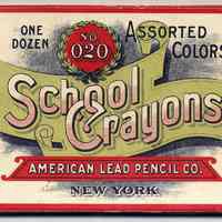 Box: School Crayons No. 020, Assorted Colors, One Dozen. American Lead Pencil Co., N.Y. N.d., ca. 1890-1910.