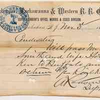 Pass, transportation: Handwritten pass for a Mr. R. Smith & wife for travel from Hoboken to Buffalo & return, issued by A. Reasoner, Supt., M.&E. Div., D.L. & W. R.R., Hoboken, Nov. 3, 1886.