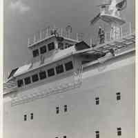 B+W photo of wheelhouse installed on Zim Line container ship at Bethlehem Steel Shipyard, Hoboken, n.d, ca. late 1970s.