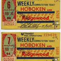 Ticket, transportation, 2: NJ Transit Rail Operations Weekly Commutation Ticket, between Hoboken and Ridgewood; Weeks 6, 7; Feb. 1984.