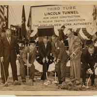 Sepia-tone photo of groundbreaking ceremony for Lincoln Tunnel 3rd tube, N.Y.C., Sept.25, 1952.