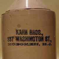 Stoneware jug lettered Kahn Bros., 337 Washington St., Hoboken, N.J. No date, circa 1880-1900.