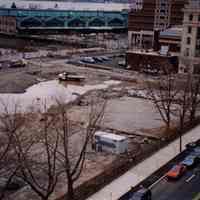 Color photo of an elevated view of construction progress of Pier A Park, Hoboken, 1999.