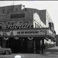 B+W photo negatives, 2, of Fabian Theatre signage for "On the Waterfront", "Filmed in Hoboken", corner of Newark & Washington Sts., Hoboken, Jan.-mid Feb., 1955.