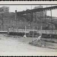 B+W photo of trolley car on elevated trestle from Hoboken to Jersey City Heights, April 24, 1949.