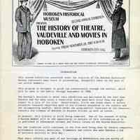 Program: The History of Theatre, Vaudeville and Movies in Hoboken. 2nd Annual Exhibition, HHM, City Hall, Hoboken, Nov. 20, 1987.