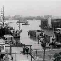 B+W copy photo of Holland America Line pier 5 & boat clubhouses near 4th St., Hoboken, n.d., ca. 1902-1910.