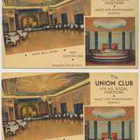 Postcard: The Union Club for all Social Functions. [6th & Hudson Streets, Hoboken, N.J.] No date, circa 1935-1945; unposted.