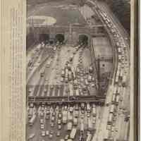 B+W aerial photo of Lincoln Tunnel entrances with traffic during police job action, WeehawkenJuly 20, 1973.