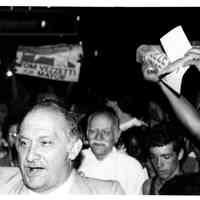 B+W photo of Tom Vezzetti with supporters on election night, Hoboken, [June 11, 1985].