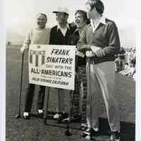 B+W photo of Frank Sinatra with Ken Venturi, Shecky Greene & Alan Shepard on golf course for charity event, Palm Springs, CA, Feb. 6, 1973.