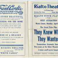 Program: Rialto Stock Players presentation of "The Night Duel." Week of Apr. 13th, [1926.] The Rialto Theatre, 118 Hudson St., Hoboken.