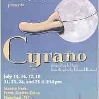 Poster: Mile Square Theatre ...& City of Hoboken Presents Cyrano. Sinatra Park. Hoboken, (2004).