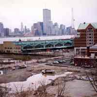 Color photo of an elevated view of construction progress of Pier A Park, Hoboken, 1999.