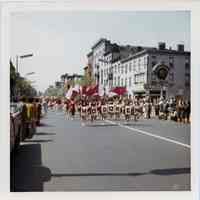 Color photograph of a Hoboken High School marching unit in a parade on Washington St., Hoboken, n.d., ca. 1970-1975.