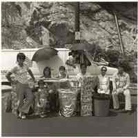 B+W photo of food sellers with a van on River Road for a bi-centennial event, Hoboken, no date, [1976].