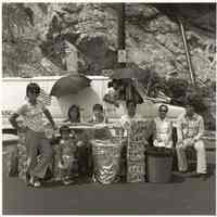 B+W photo of food sellers with a van on River Road for a bi-centennial event, Hoboken, no date, [1976].