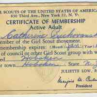Membership card: Certificate of Membership, Active Adult, Girl Scouts of America, of Catherine Ruchovansky, Hoboken, expiring Jan., 1962.
