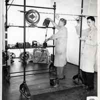 B+W photo of air velocity comparison tests of fans from various manufacturers at U.S. Testing Co. facility, Hoboken, n.d., ca. 1975-1980.