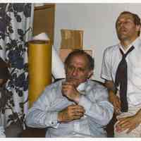 Color photo of mayoral candidate Tom Vezzetti with 2 supporters possibly inside his campaign headquarters on election night, Hoboken, [June 11, 1985].