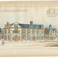 Plate with architectural drawing and plan of "Shops of the Hoboken Land & Improvement Co., Hoboken, N.J. Mr. H. Edwards-Ficken. Architect. N.Y." 1886.