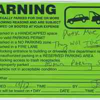 Warning sticker used for parking violations on Shipyard Lane, Hoboken, 2002.