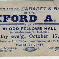 Printed ticket to the Fourth Annual Cabaret & Ball of the Oxford A.A. at Odd Fellows Hall, 414 Washington St., Hoboken, Oct. 17, 1914.