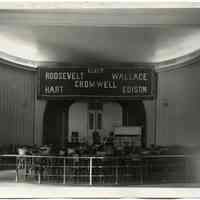 B+W photo of 1940 Democratic candidates banner in Union Club, decorated by United Decorating Company of Hoboken, Hoboken, fall 1940.