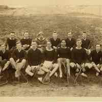 Sepia-tone group photograph of the Hoboken Lacrosse Club, no place (Hoboken?), 1913.