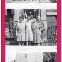 B+W digital print of three photos: women outside 233 Madison St; people seated on sidewalk to watch parade, Hoboken, August, 1945.