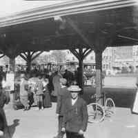 B+W negative image at an unidentified train station, no place, no date, ca. 1900-1910.