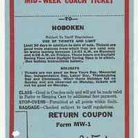 Ticket sample: Erie-Lackawanna R.R. Round Trip Mid-Week Coach; for trip originating in Hoboken. Form MW-1. Aug. 2, 1965.
