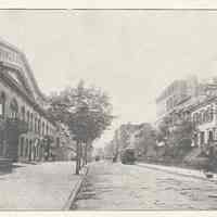 Printed B+W photograph of Hoboken Riding Academy and Horse Exchange, 215 - 223 Hudson St., Hoboken, no date, ca. 1906-1908.