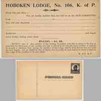 Printed postal card: Hoboken Lodge, No. 106, Knights of Pythias; for notification to member regarding Sick Committee duty. N.d., ca. 1908-1910.