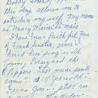 Holographic letter from Nancy DiMaio to Bob Foster of the Museum, Aug., 1997, with recollections of her day as an "original Bobby Soxer"