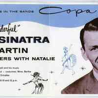 Promotional sign: "Frank-ly Wonderful" Starring Frank Sinatra with Rowan and Martin; The Beachcombers with Natalie. Sands, Copa Room (Las Vegas, NV), undated, circa 1957-1960.