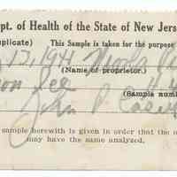 Receipt for lemon ice sample taken from Nicola Principe for analysis by the Dept. of Health, State of N.J., August 13, 1941.