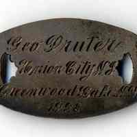          back, engraved link 8: George Pruter, Greenwood Lake, N.Y., 1928
   