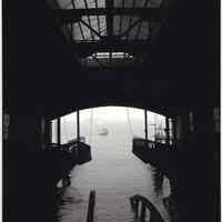 Digital b+w image of a Hoboken Terminal abandoned ferry slip looking east, Hoboken, no date, [2004].