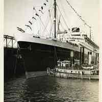 B+W photo of S.S. Nieuw Amsterdam, Holland America Line, docking at the Fifth St. Pier, Hoboken., n.d., probably May 16, 1938.