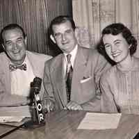 Digital image of b+w photo of Mayor Fred DeSapio (center) as guest on WOR radio show, New York, no date, ca. 1947-53.