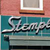 Color photo detail of sign for Stemple Pharmacy, 266 Seventh St. at Willow Avenue, Hoboken, Sept., 1-5, 2001.