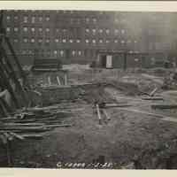 B+W photo of foundation preparation and concrete forms on the north end of the site for the Fabian Theatre, Hoboken, Jan 3, 1928.