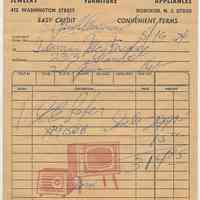 Receipt for Dennis McBride, 233 Grand St. (Hoboken) from Queens Dept. Store, Inc., 412 Washington St., Hoboken, May 16, 1974.