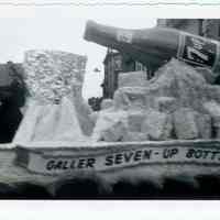 B+W photo of the Galler Seven-Up Bottling Co. float in Hoboken Centennial celebration parade on Washington St. near 1st St. in Hoboken, 1955.