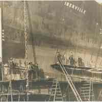 Sepia-tone photo: S.S. Iberville in dry dock at the Bethlehem Steel Shipyard, Hoboken Division, no date, ca. 1943.