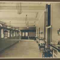 Sepia-tone photo of the customer lobby of the Hoboken Bank for Savings, Hoboken, no date, ca. 1890.
