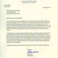 Letter from Congressman Albio Siris to Hoboken Historical Museum, Oct. 24, 2011, on the occasion of the Museum celebrating its 25th anniversary.