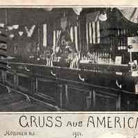          detail front, upper right: photo interior view of saloon, bar
   